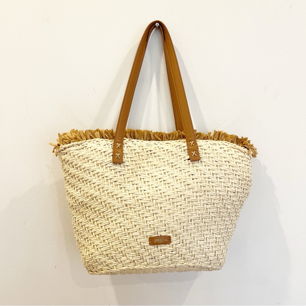 Spartina 449 Bag Womens Straw Fringe Tote Palmetto Leather Straps Beach Resort - Picture 4 of 16